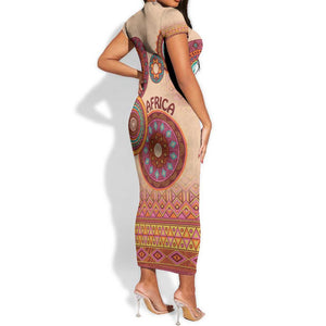 Afro Tribal Traditional Pattern Short Sleeve Bodycon Dress Beige Motif