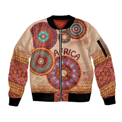Afro Tribal Traditional Pattern Sleeve Zip Bomber Jacket Beige Motif