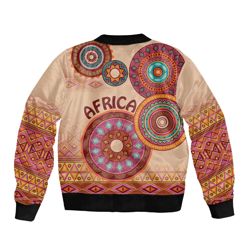 Afro Tribal Traditional Pattern Sleeve Zip Bomber Jacket Beige Motif