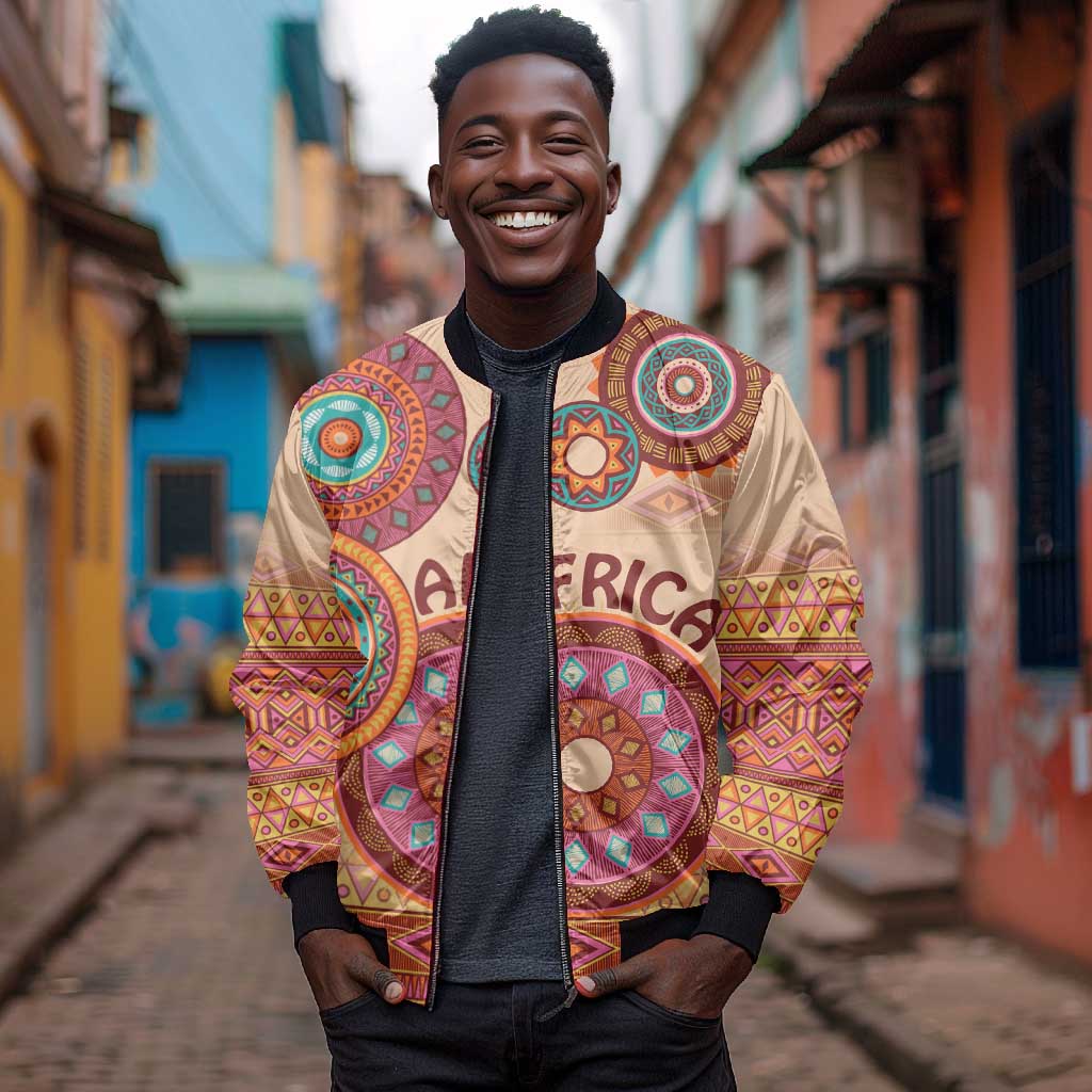 Afro Tribal Traditional Pattern Sleeve Zip Bomber Jacket Beige Motif