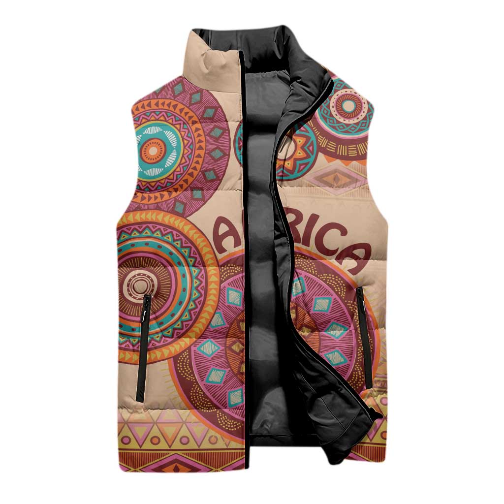 Africa Tribal Traditional Pattern Sleeveless Puffer Jacket Beige Motif