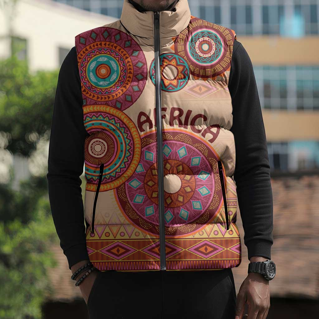 Africa Tribal Traditional Pattern Sleeveless Puffer Jacket Beige Motif