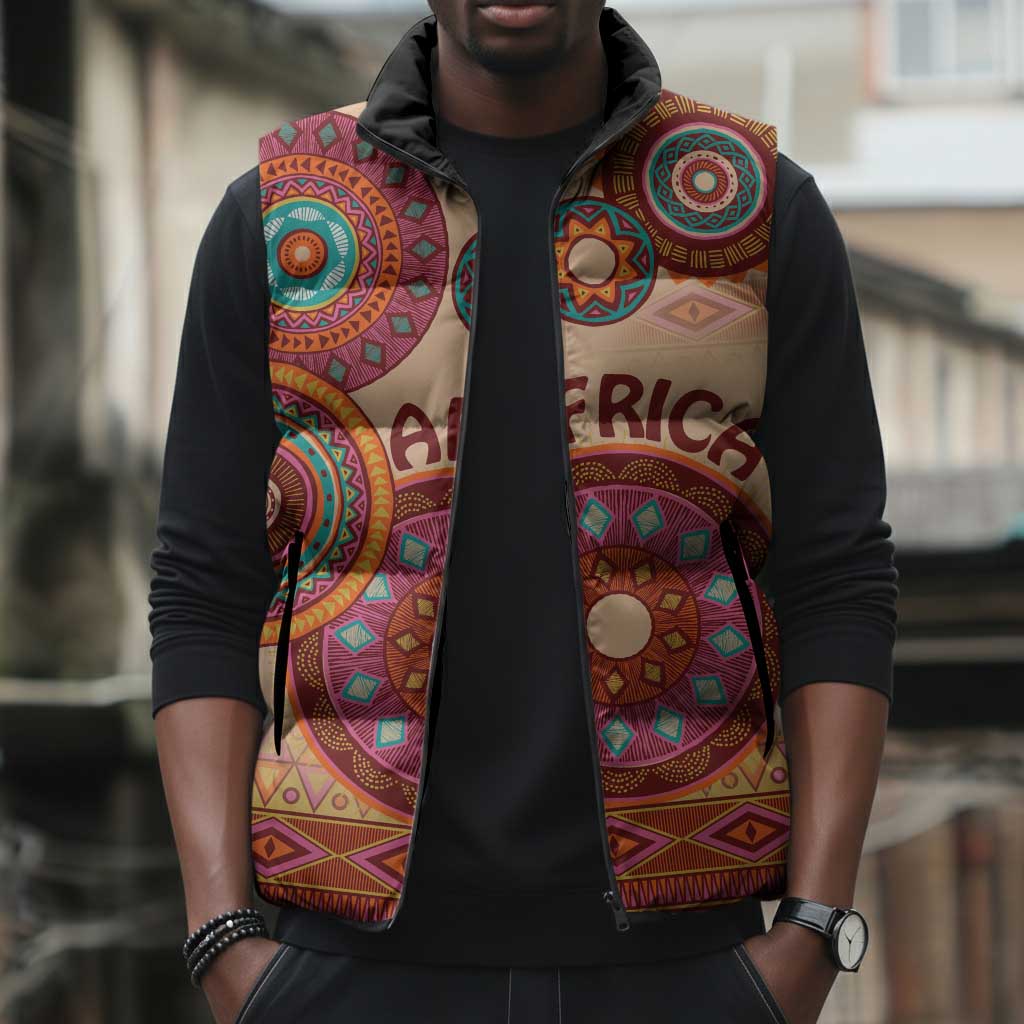 Africa Tribal Traditional Pattern Sleeveless Puffer Jacket Beige Motif