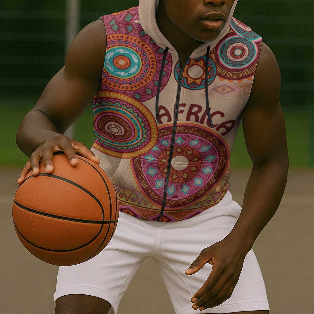 Afro Tribal Traditional Pattern Sleeveless Zip Hoodie Beige Motif - African Pride