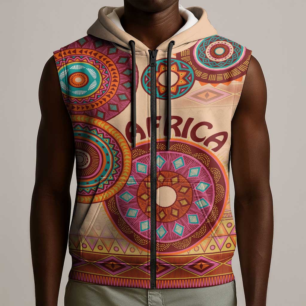 Afro Tribal Traditional Pattern Sleeveless Zip Hoodie Beige Motif - African Pride