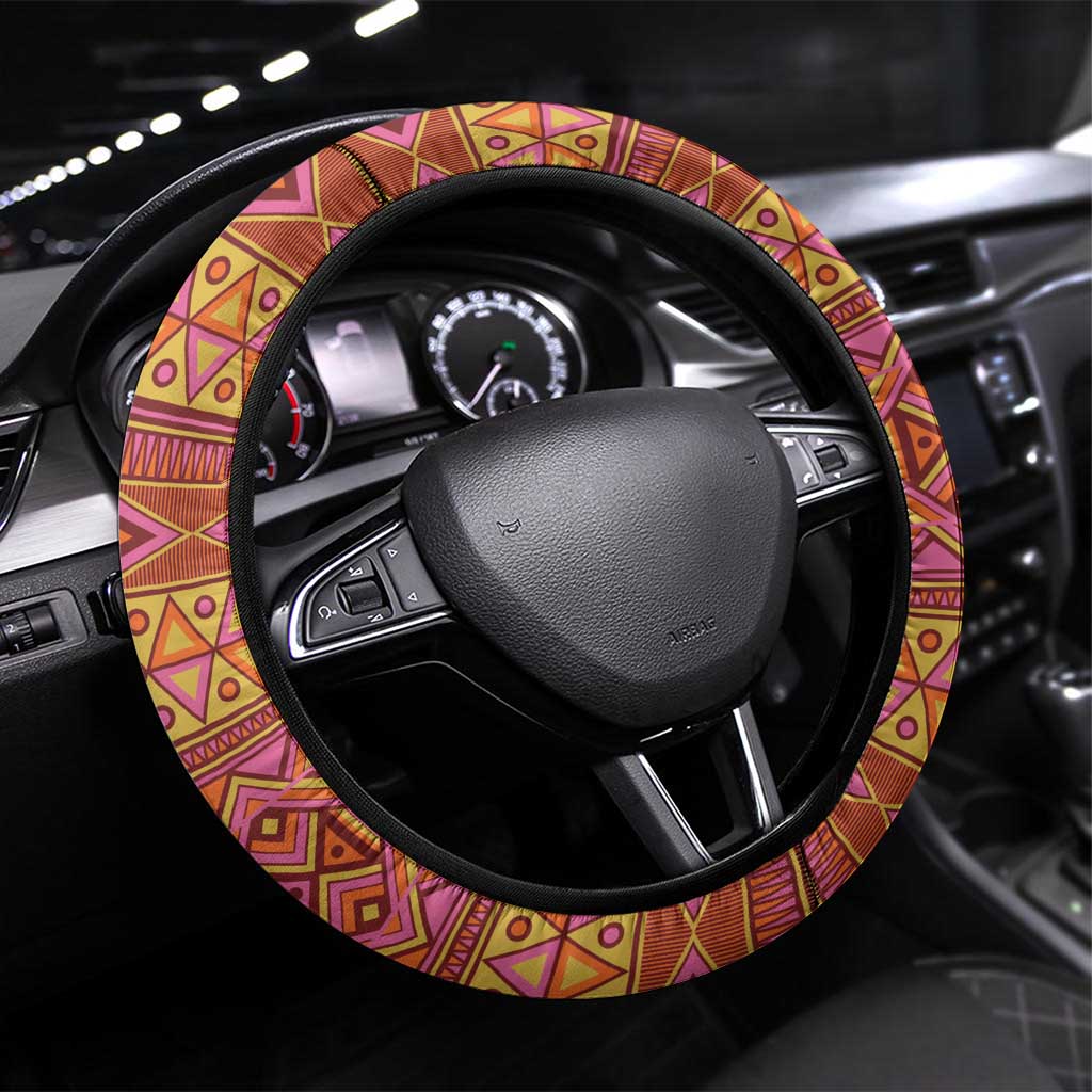 Afro Tribal Traditional Pattern Steering Wheel Cover Beige Motif