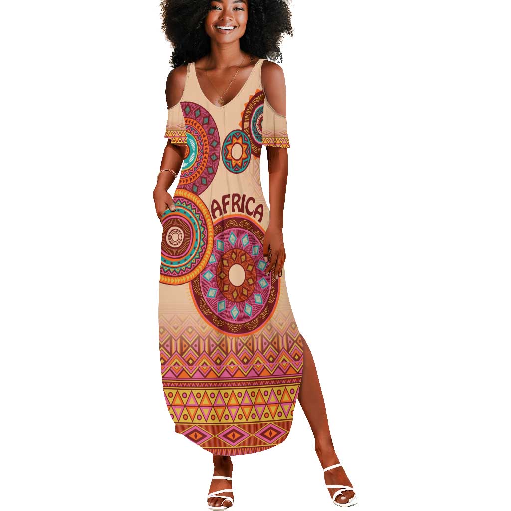 Afro Tribal Traditional Pattern Summer Maxi Dress Beige Motif