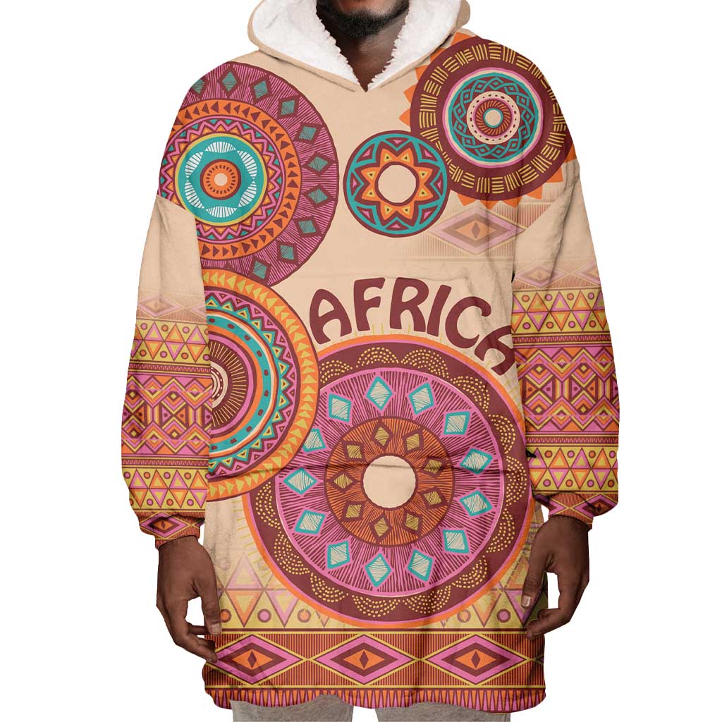 Afro Tribal Traditional Pattern Wearable Blanket Hoodie Beige Motif