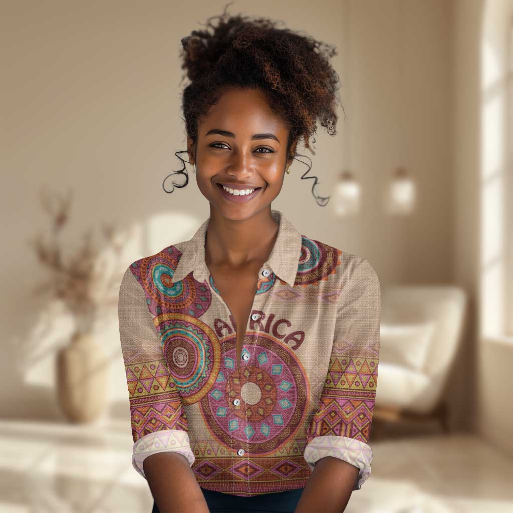 Afro Tribal Traditional Pattern Women Casual Shirt Beige Motif