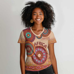 Afro Tribal Traditional Pattern Women V-Neck T-Shirt Beige Motif