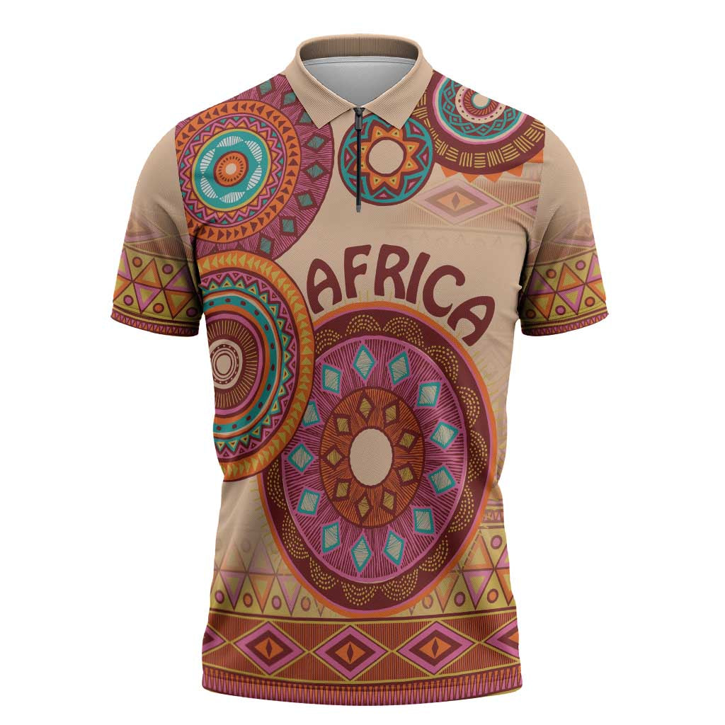 Africa Tribal Traditional Pattern Zipper Polo Shirt Beige Motif