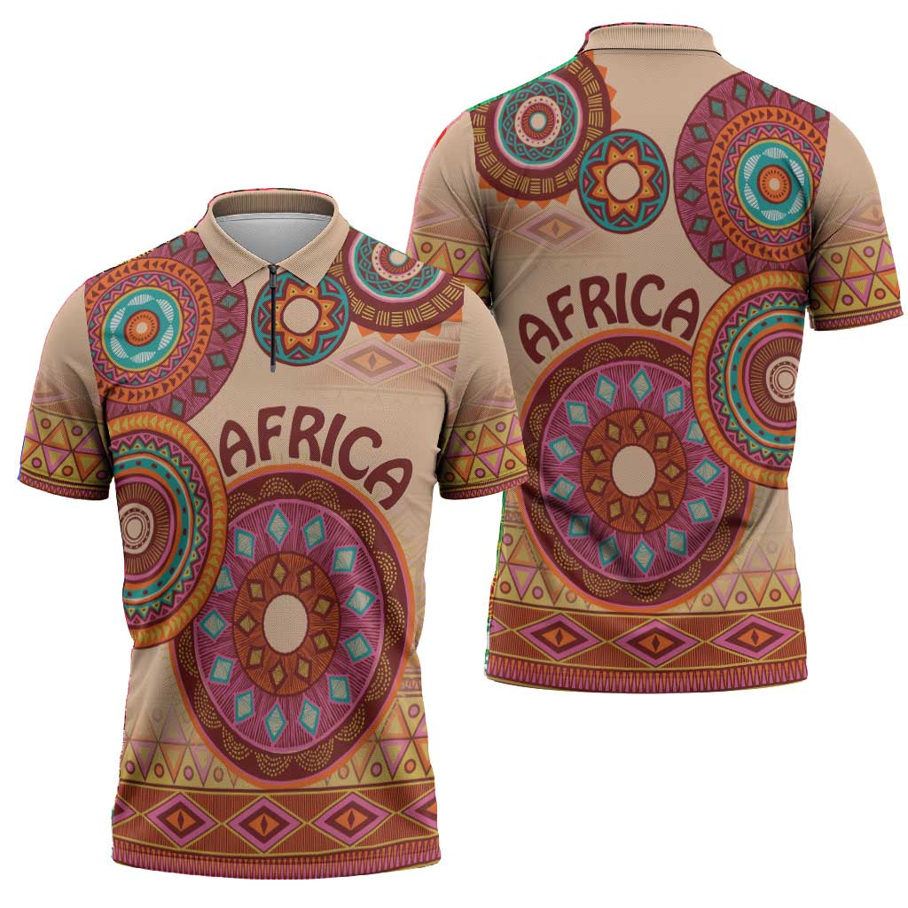 Africa Tribal Traditional Pattern Zipper Polo Shirt Beige Motif