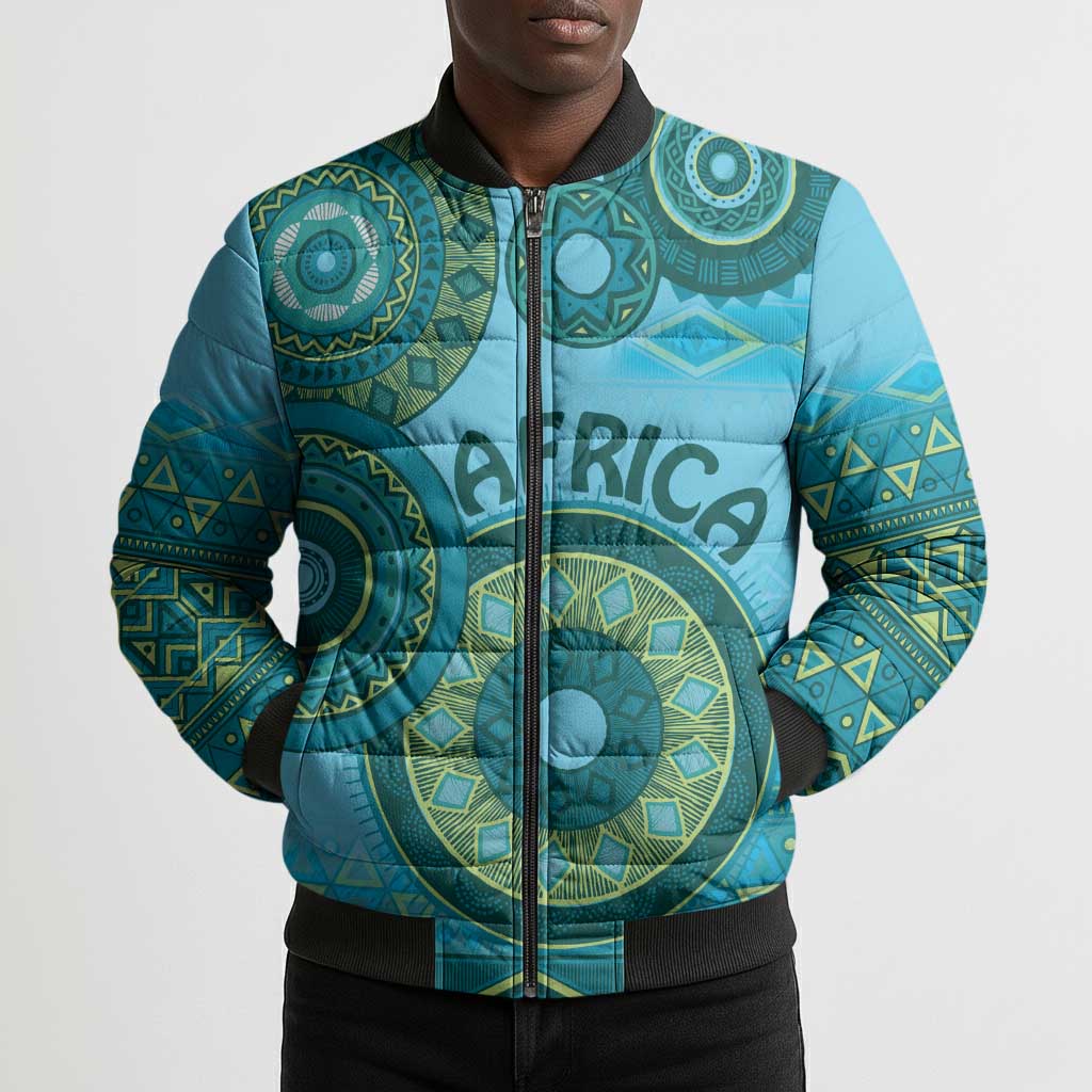 Africa Tribal Traditional Pattern Bomber Puffer Jacket Blue Motif
