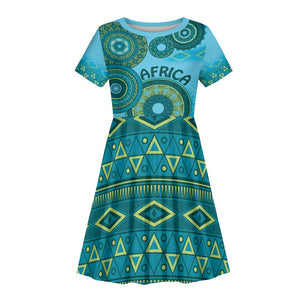 Afro Tribal Traditional Pattern Kid Short Sleeve Dress Blue Motif