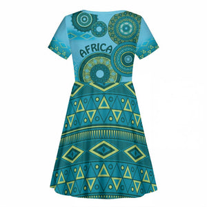 Afro Tribal Traditional Pattern Kid Short Sleeve Dress Blue Motif