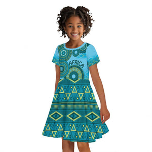 Afro Tribal Traditional Pattern Kid Short Sleeve Dress Blue Motif