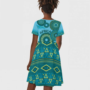 Afro Tribal Traditional Pattern Kid Short Sleeve Dress Blue Motif