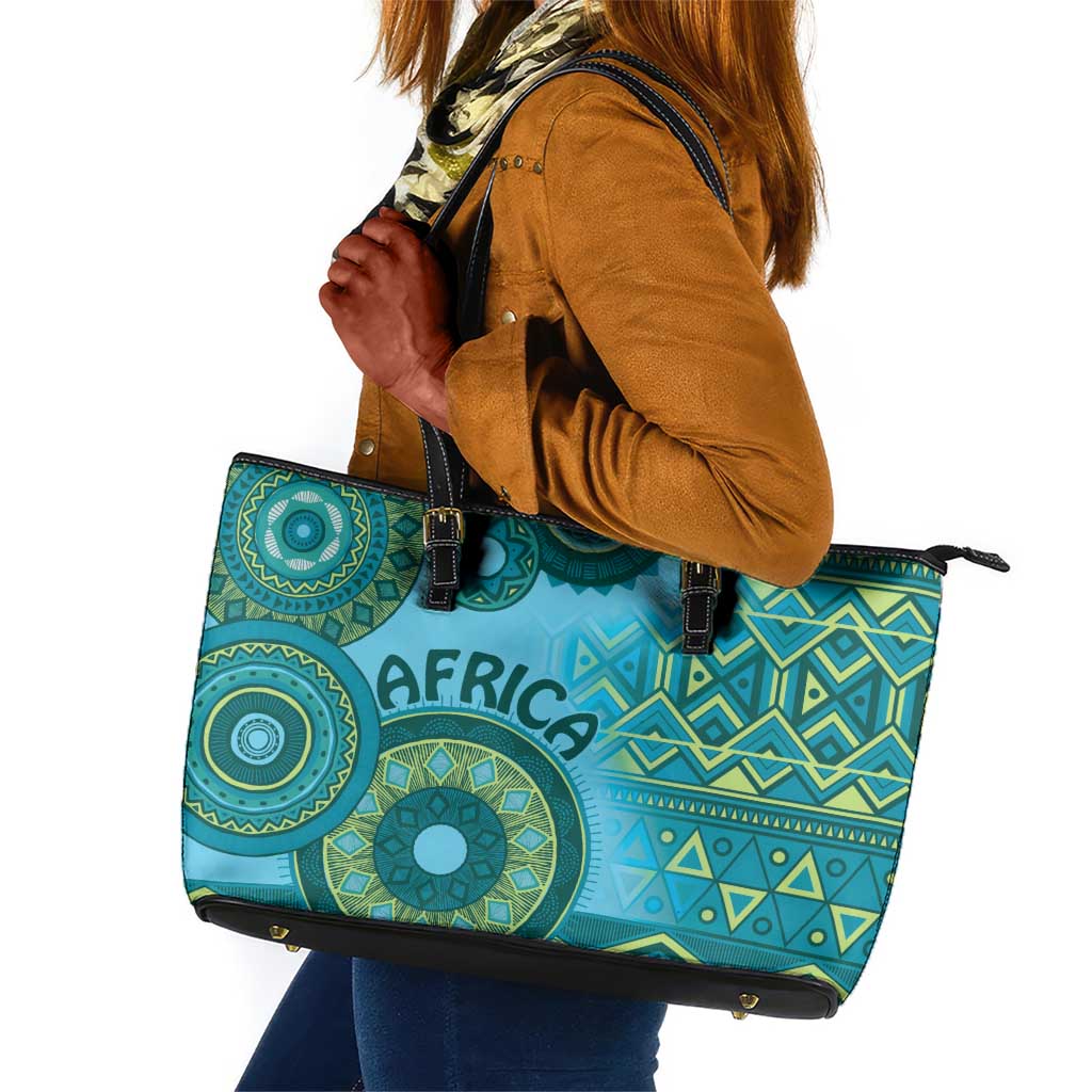 Afro Tribal Traditional Pattern Leather Tote Bag Blue Motif