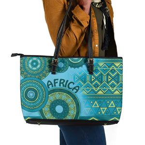 Afro Tribal Traditional Pattern Leather Tote Bag Blue Motif