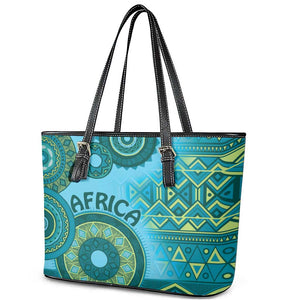 Afro Tribal Traditional Pattern Leather Tote Bag Blue Motif