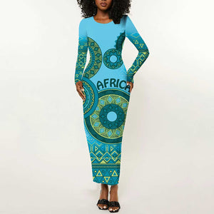 Afro Tribal Traditional Pattern Long Sleeve Bodycon Dress Blue Motif