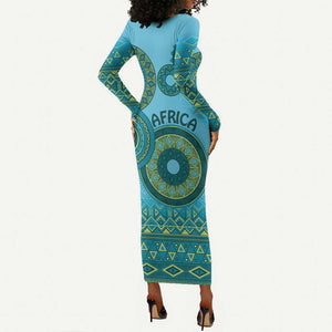 Afro Tribal Traditional Pattern Long Sleeve Bodycon Dress Blue Motif