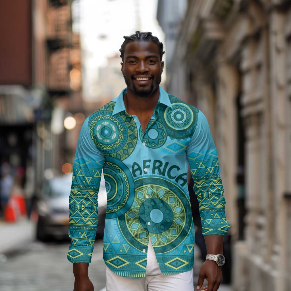 Afro Tribal Traditional Pattern Long Sleeve Button Shirt Blue Motif