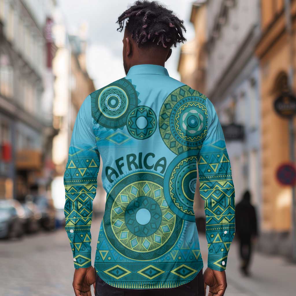 Afro Tribal Traditional Pattern Long Sleeve Button Shirt Blue Motif