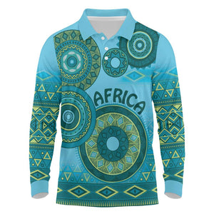 Afro Tribal Traditional Pattern Long Sleeve Polo Shirt Blue Motif