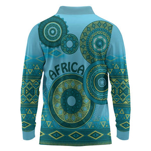 Afro Tribal Traditional Pattern Long Sleeve Polo Shirt Blue Motif