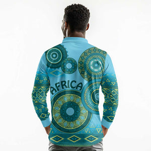 Afro Tribal Traditional Pattern Long Sleeve Polo Shirt Blue Motif