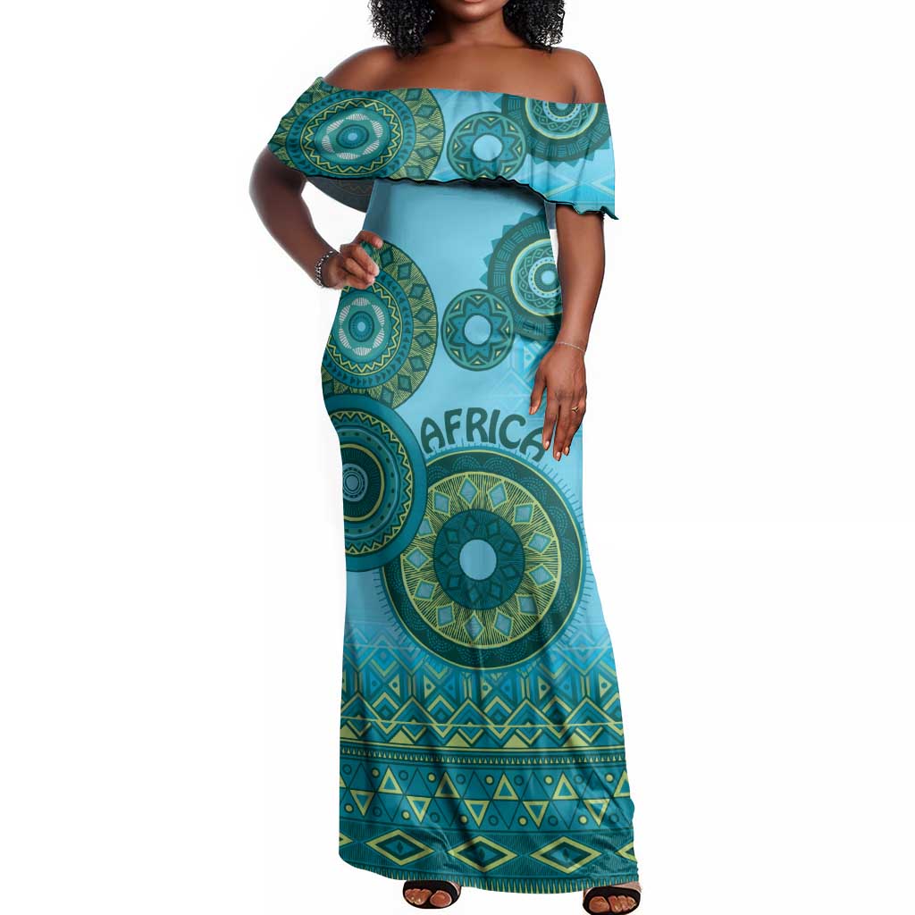 Afro Tribal Traditional Pattern Off Shoulder Maxi Dress Blue Motif