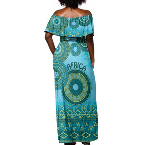 Afro Tribal Traditional Pattern Off Shoulder Maxi Dress Blue Motif