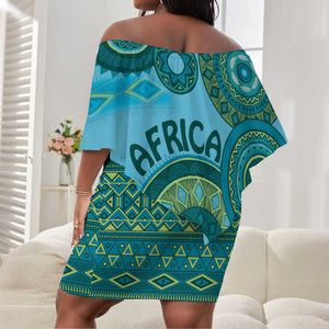 Afro Tribal Traditional Pattern Off Shoulder Short Dress Blue Motif