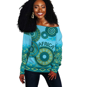 Afro Tribal Traditional Pattern Off Shoulder Sweater Blue Motif