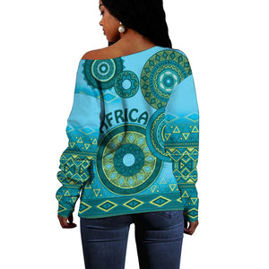 Afro Tribal Traditional Pattern Off Shoulder Sweater Blue Motif