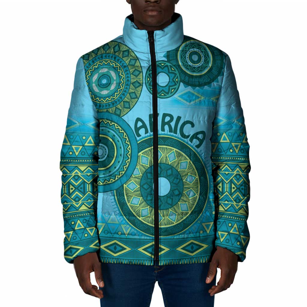 Africa Tribal Traditional Pattern Padded Jacket Blue Motif