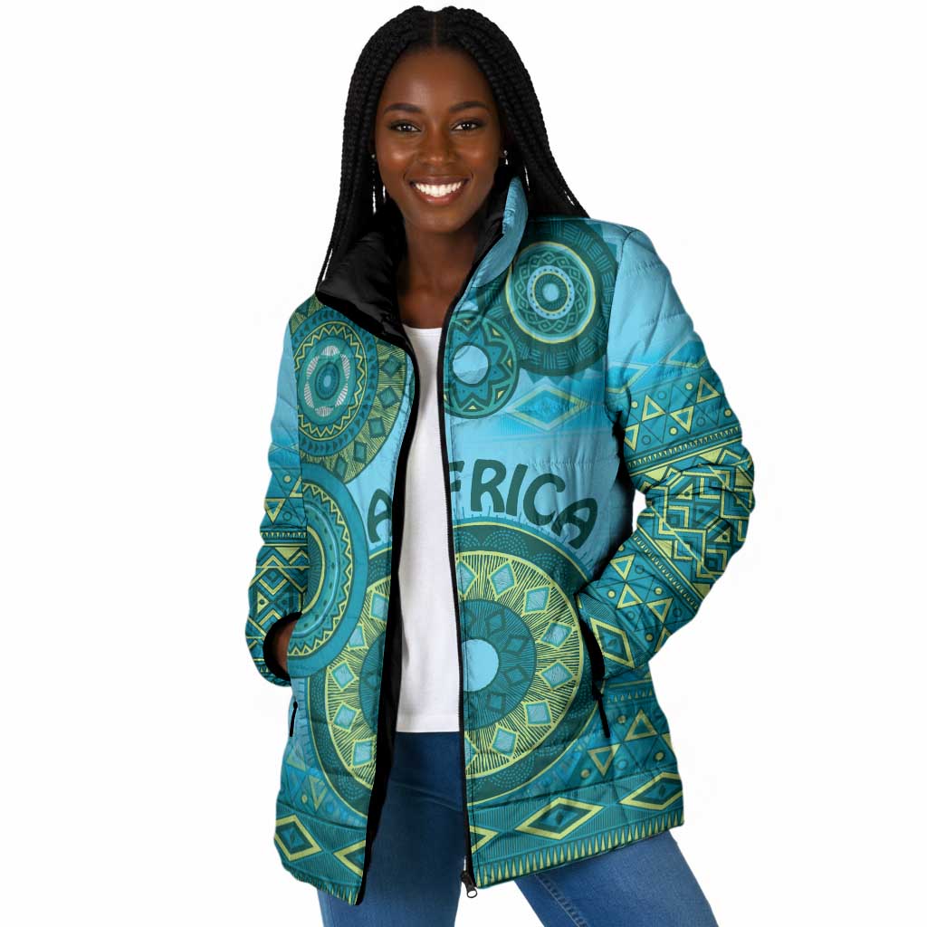 Africa Tribal Traditional Pattern Padded Jacket Blue Motif