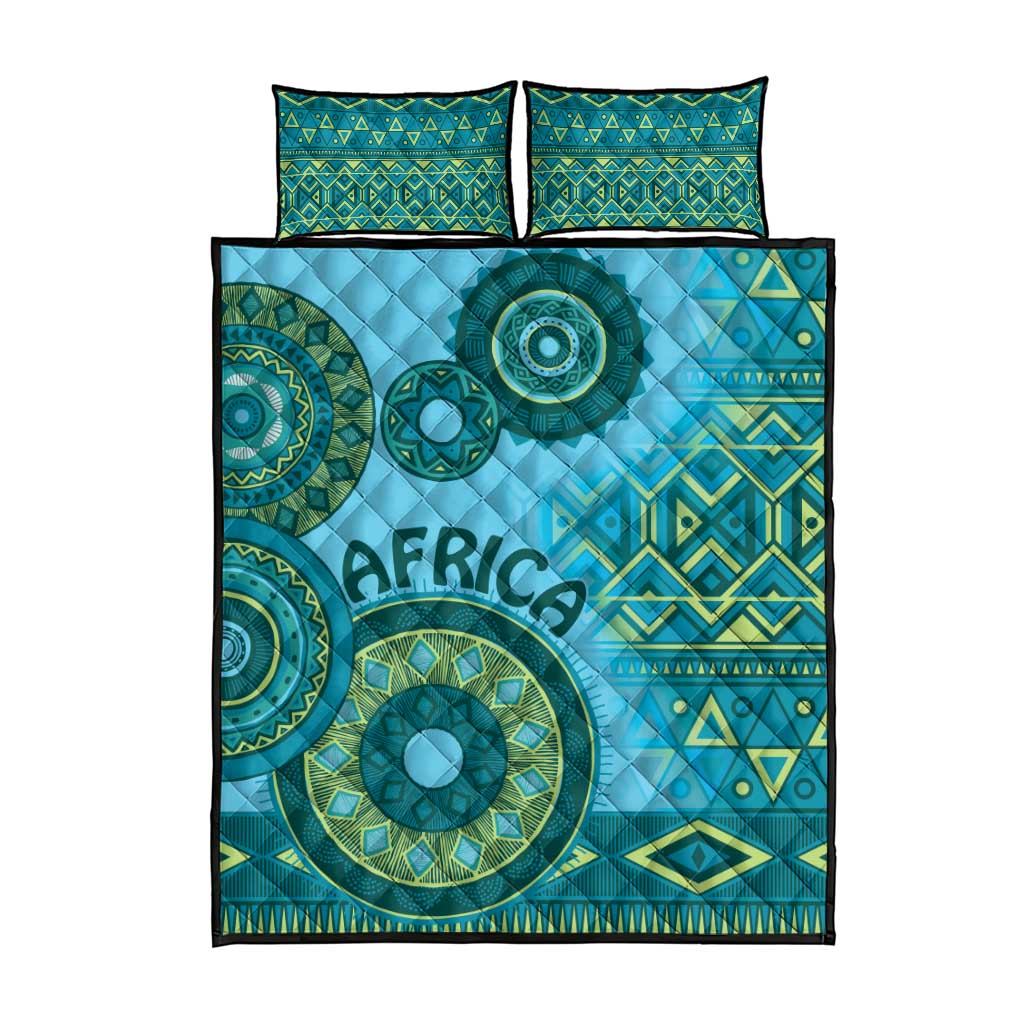 Afro Tribal Traditional Pattern Quilt Bed Set Blue Motif