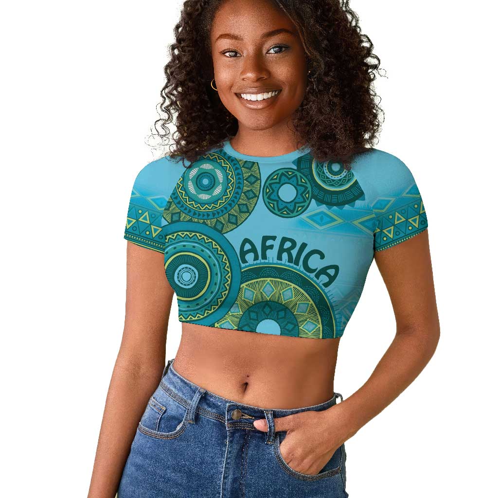 Afro Tribal Traditional Pattern Raglan Cropped T shirt Blue Motif