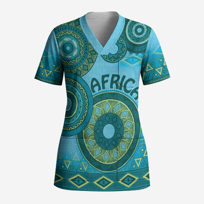 Africa Tribal Traditional Pattern Scrub Top Blue Motif