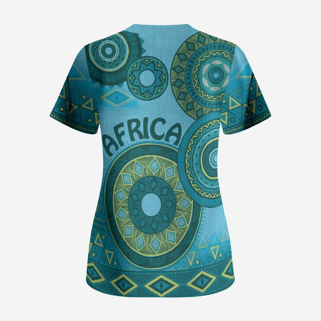 Africa Tribal Traditional Pattern Scrub Top Blue Motif