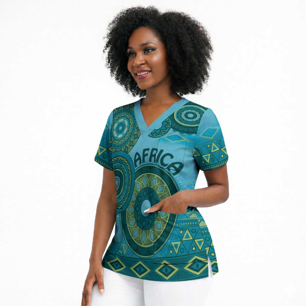 Africa Tribal Traditional Pattern Scrub Top Blue Motif