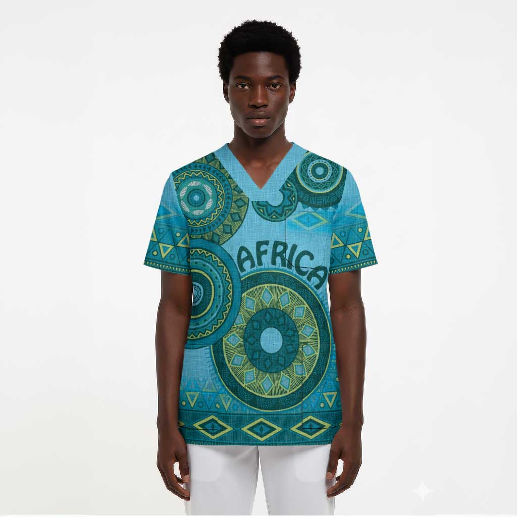 Africa Tribal Traditional Pattern Scrub Top Blue Motif