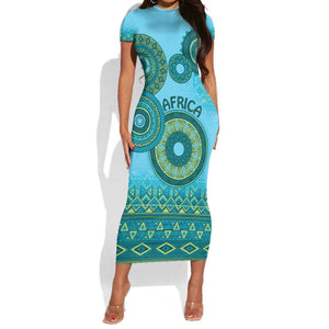 Afro Tribal Traditional Pattern Short Sleeve Bodycon Dress Blue Motif