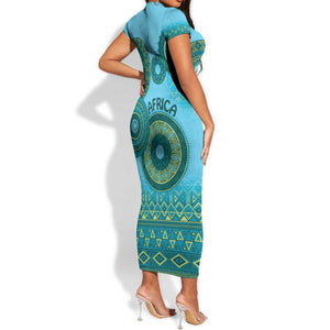 Afro Tribal Traditional Pattern Short Sleeve Bodycon Dress Blue Motif