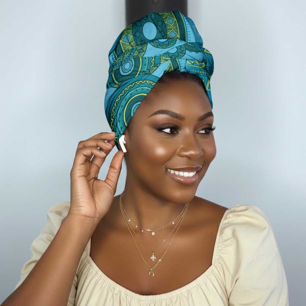 Africa Tribal Traditional Pattern Simple Headwrap Blue Motif