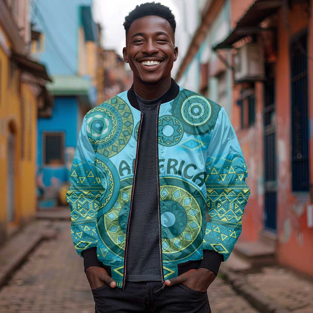 Afro Tribal Traditional Pattern Sleeve Zip Bomber Jacket Blue Motif