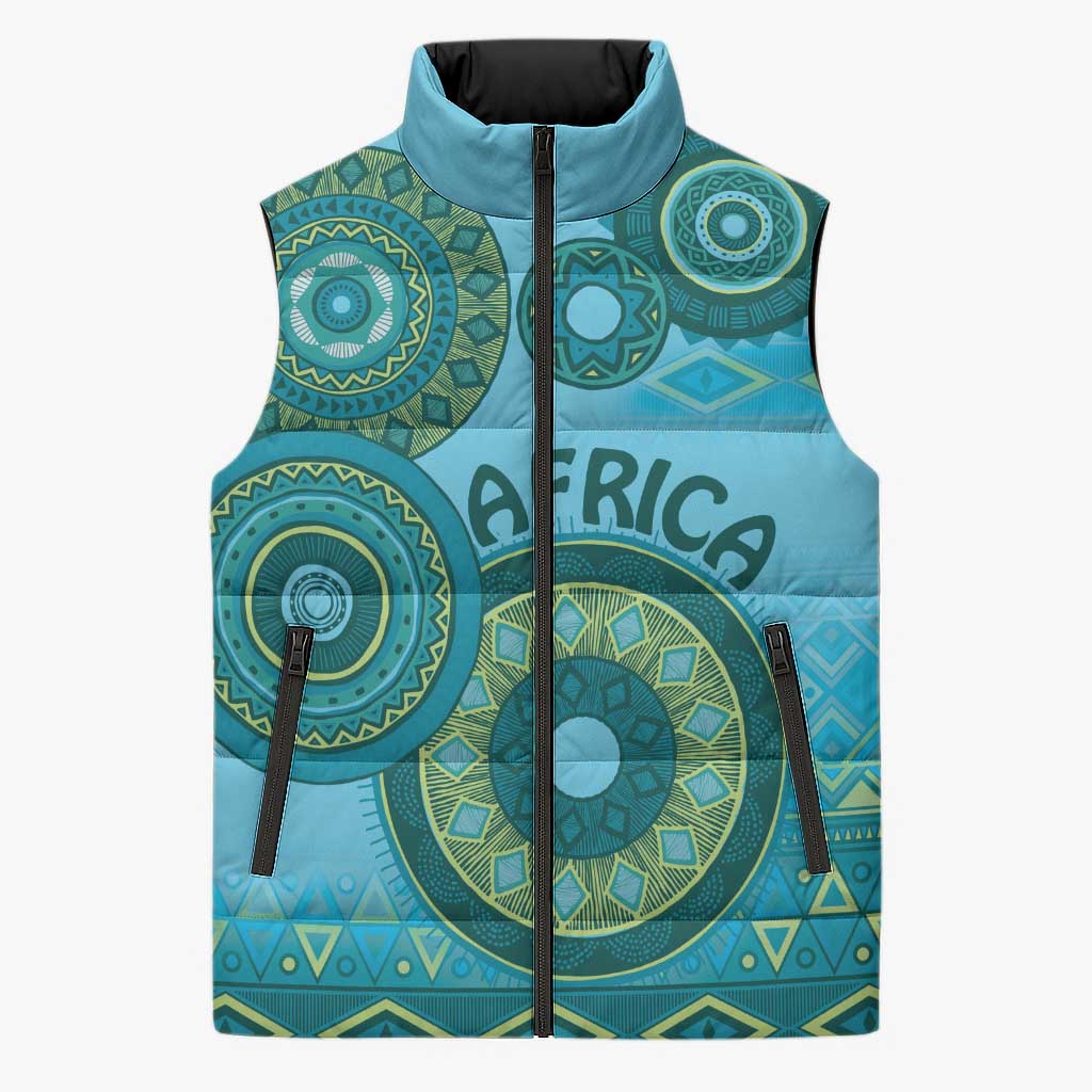 Africa Tribal Traditional Pattern Sleeveless Puffer Jacket Blue Motif