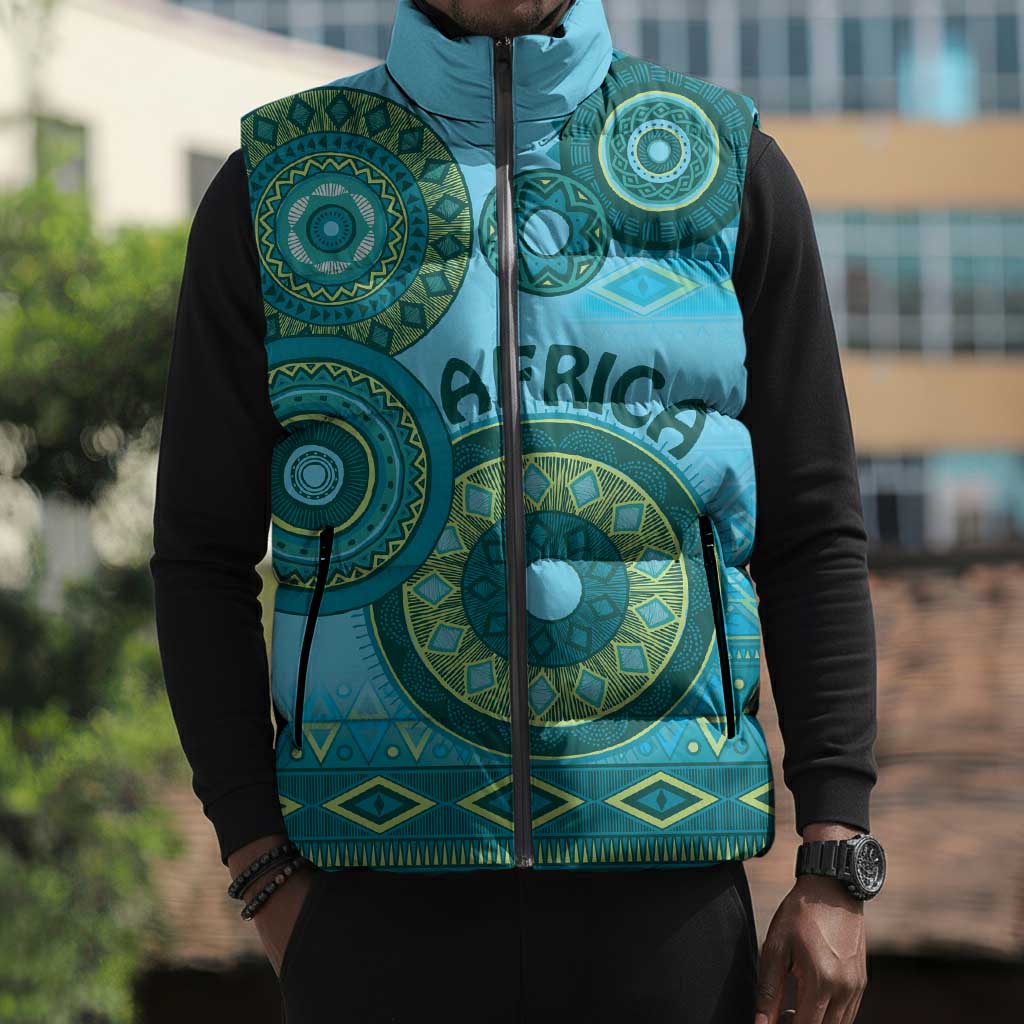 Africa Tribal Traditional Pattern Sleeveless Puffer Jacket Blue Motif
